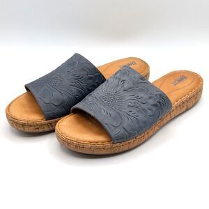 Born Fishlake Embossed Leather Slide Sandals Blue Women’s Size 9 Boho